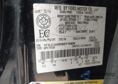 2011 Ford Expedition Limited z USA, uszkodzony, nr VIN 1FMJU2A50BEF19498